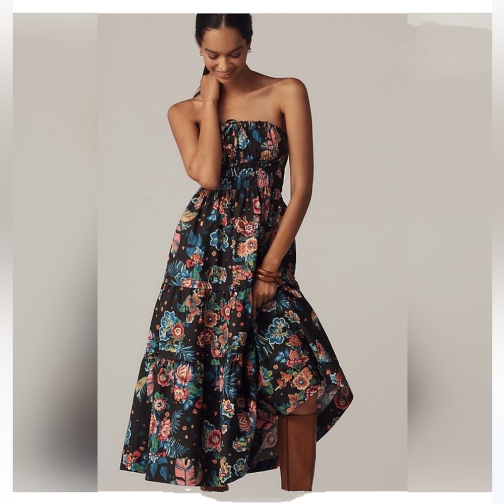 Anthropologie Somerset Floral Strapless Midi Dress - Black Base